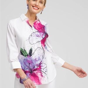 Chico’s No iron Floral Print Women's Top - White and Pink 3/4 Sleeve SIZE 3 NWT